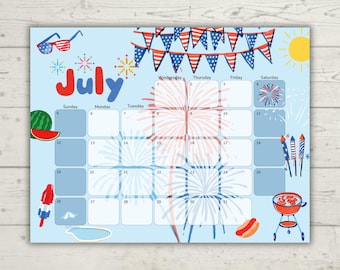 July 2026 Kids Calendar | Visual Schedule for Toddlers | Editable Printable Family Calendar| Blue Day Design