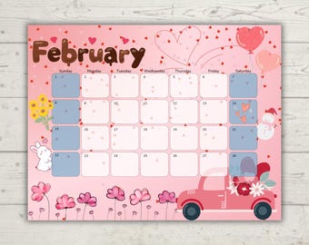 Februar 2026 Kinderkalender | Sehbarer Stundenplan für Kleinkinder | Bearbeitbarer druckbarer Familienkalender | Blauer Tag Design