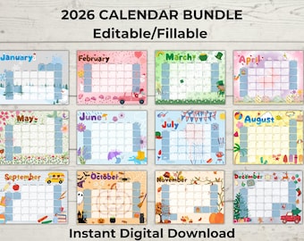 Full 2026- Kinderkalender | Sehbarer Stundenplan für Kleinkinder | Bearbeitbarer druckbarer Familienkalender | Blauer Tag Design