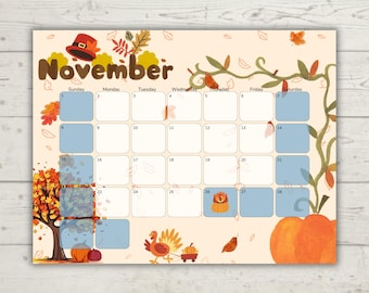 November 2026 Kinderkalender | Sehbarer Stundenplan für Kleinkinder | Bearbeitbarer druckbarer Familienkalender | Blauer Tag Design