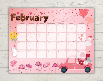 Februar 2026 Kinderkalender | Sehbarer Stundenplan für Kleinkinder | Bearbeitbarer druckbarer Familienkalender