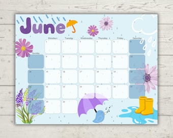 June 2026 Kids Calendar | Visual Schedule for Toddlers | Editable Printable Family Calendar| Blue Day Design