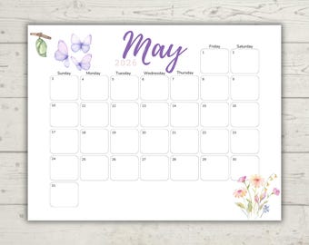 Mai 2026 Aquarell-Kalender | Minimalistischer druckbarer Kalender | Bearbeitbar & Ausfüllbar