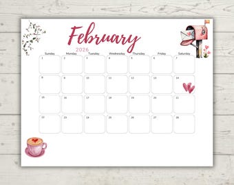 Februar 2026 Aquarell-Kalender | Minimalistischer druckbarer Kalender | Bearbeitbar & Ausfüllbar