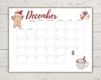 Dezember 2026 Aquarell-Kalender | Minimalistischer druckbarer Kalender | Bearbeitbar & Ausfüllbar