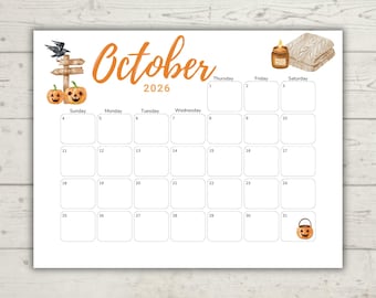 Oktober 2026 Aquarell-Kalender | Minimalistischer druckbarer Kalender | Bearbeitbar & Ausfüllbar