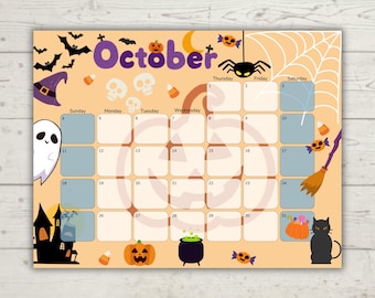 Oktober 2026 Kinderkalender | Sehbarer Stundenplan für Kleinkinder | Bearbeitbarer druckbarer Familienkalender | Blauer Tag Design