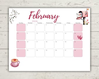 Februar 2026 Aquarell-Kalender | "Design ""Blue Day"" | Minimalistischer druckbarer Kalender | Bearbeitbar & Ausfüllbar