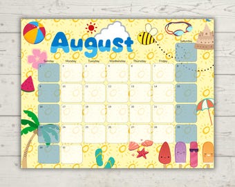 August 2026 Kids Calendar | Visual Schedule for Toddlers | Editable Printable Family Calendar| Blue Day Design