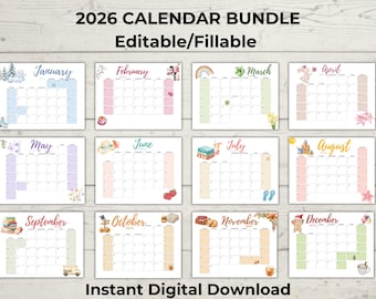 2026 Aquarell Monatskalender | "Design ""Blue Day"" | Minimalistischer druckbarer Kalender | Bearbeitbar & Ausfüllbar