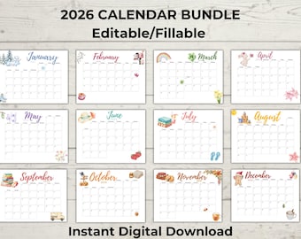 2026 Aquarell Monatskalender | Minimalistischer druckbarer Kalender | Bearbeitbar & Ausfüllbar