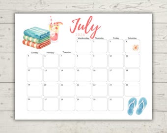 Juli 2026 Aquarell-Kalender | Minimalistischer druckbarer Kalender | Bearbeitbar & Ausfüllbar