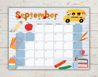 September 2026 Kids Calendar | Visual Schedule for Toddlers | Editable Printable Family Calendar| Blue Day Design