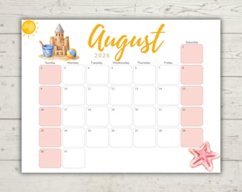 Kalender August 2026 Aquarell | "Design ""Blue Day"" | Minimalistischer druckbarer Kalender | Bearbeitbar & Ausfüllbar