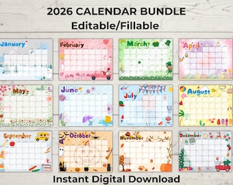 Full 2026 Kids Calendar | Visual Schedule for Toddlers | Editable Printable Family Calendar