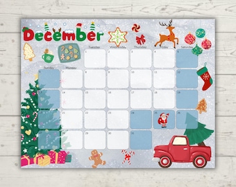 Dezember 2026 Kinderkalender | Sehbarer Stundenplan für Kleinkinder | Bearbeitbarer druckbarer Familienkalender | Blauer Tag Design