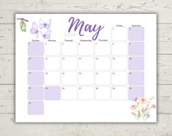 Mai 2026 Aquarell-Kalender | "Design ""Blue Day"" | Minimalistischer druckbarer Kalender | Bearbeitbar & Ausfüllbar