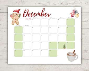 Dezember 2026 Aquarell-Kalender | "Design ""Blue Day"" | Minimalistischer druckbarer Kalender | Bearbeitbar & Ausfüllbar