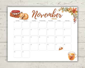 Kalender November 2026 Aquarell | Minimalistischer druckbarer Kalender | Bearbeitbar & Ausfüllbar