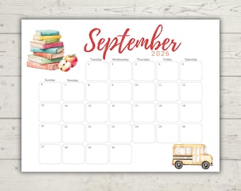 September 2026 Aquarell-Kalender | Minimalistischer druckbarer Kalender | Bearbeitbar & Ausfüllbar