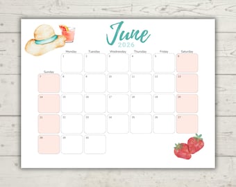 Kalender Juni 2026 Aquarell | "Design ""Blue Day"" | Minimalistischer druckbarer Kalender | Bearbeitbar & Ausfüllbar