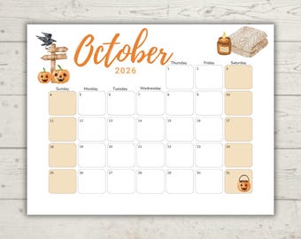 Oktober 2026 Aquarell-Kalender | "Design ""Blue Day"" | Minimalistischer druckbarer Kalender | Bearbeitbar & Ausfüllbar