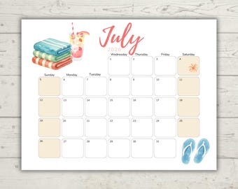 Juli 2026 Aquarell-Kalender | "Design ""Blue Day"" | Minimalistischer druckbarer Kalender | Bearbeitbar & Ausfüllbar