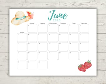 Kalender Juni 2026 Aquarell | Minimalistischer druckbarer Kalender | Bearbeitbar & Ausfüllbar