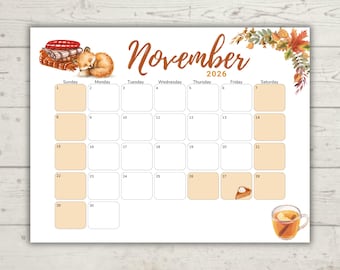 Kalender November 2026 Aquarell | "Design ""Blue Day"" | Minimalistischer druckbarer Kalender | Bearbeitbar & Ausfüllbar