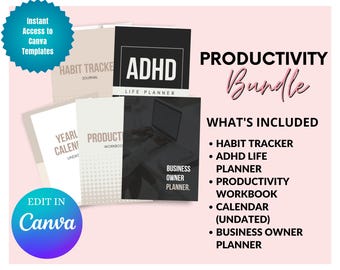 Pacote de Planejamento de Produtividade | Rastreador de Hábitos, Planejador para TDAH (Mais de 100 Páginas Editáveis no Canva)