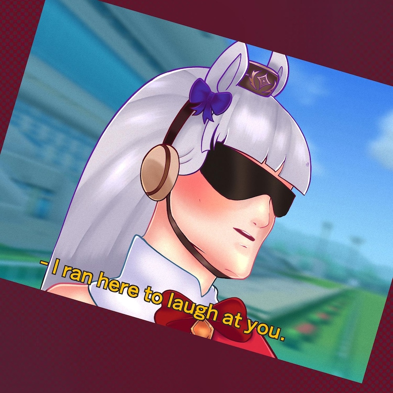 May include: Digital illustration of a character with white hair, wearing a blindfold, headphones, and a red bow. The image includes text that reads, "- I ran here to laugh at you." The background shows a racetrack and blue sky.
