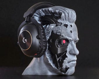 Terminator Headphone Stand and Glasses Holder, 3D Printed Bust, White or Painted