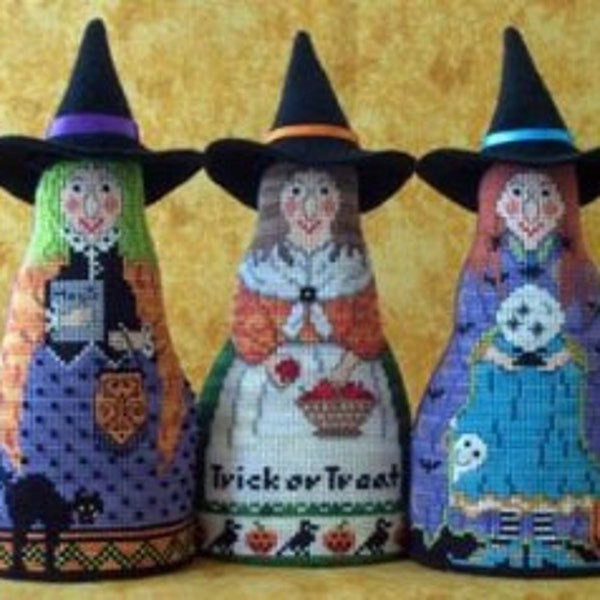 Bewitching Trio Cross Stitch 3-D Witch Dolls Pattern Halloween