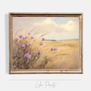 May include: A framed painting depicting a field of wildflowers with a pale blue sky and fluffy white clouds in the background.