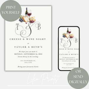 Tarjeta de invitación para cena de queso y vino, celebración de inauguración de la casa, noche de chicas, charcutería, evento navideño, noche de juegos, invitación de aniversario