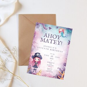 Convite para festa pirata de menina roxa Convite para evento de sereia Cartão de celebração de festa de aniversário rosa Download instantâneo do Canva Imprimir em casa