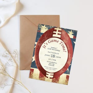 Jungen Fußball-Geburtstags-Party Einladung Sporttag Ereignis einladen Vintage Retro American Football Rugby Spieltag Grillen Superbowl Canva Download