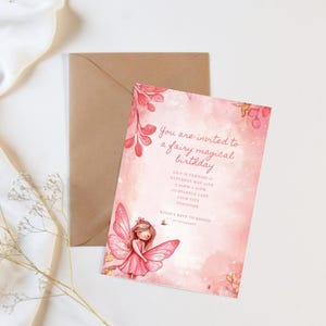 Invitation de fête d'anniversaire princesse rose fée fille modèle d'invitation fée magique pour enfants anniversaire disco imprimable téléchargement immédiat