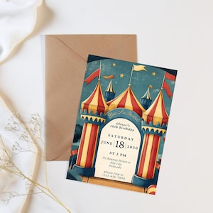 Événement château gonflable pour enfants, invitation à une fête d'anniversaire pour enfants, jardin d'été, barbecue, célébration maison gonflable, carnaval vintage, rétro Impression sur toile