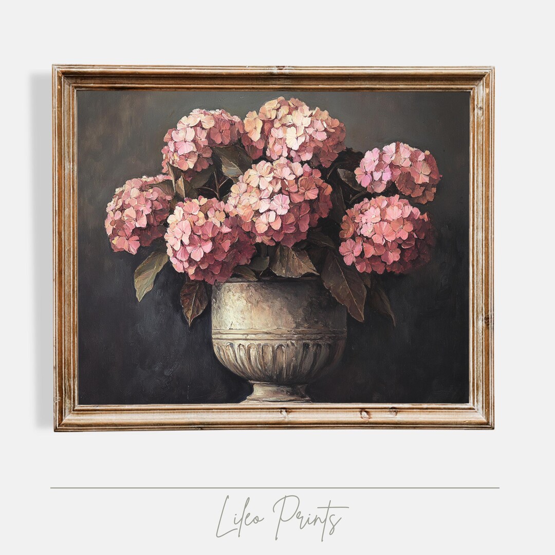 Pink Hydrangea Oil Painting | Vintage Cottagecore Wall Art (digital ...