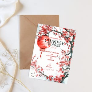Convite para jantar chinês vermelho, além de cardápio e cartões de nome e lugar GRÁTIS, convite para evento de Ano Novo Chinês, tema de celebração, download do Canva