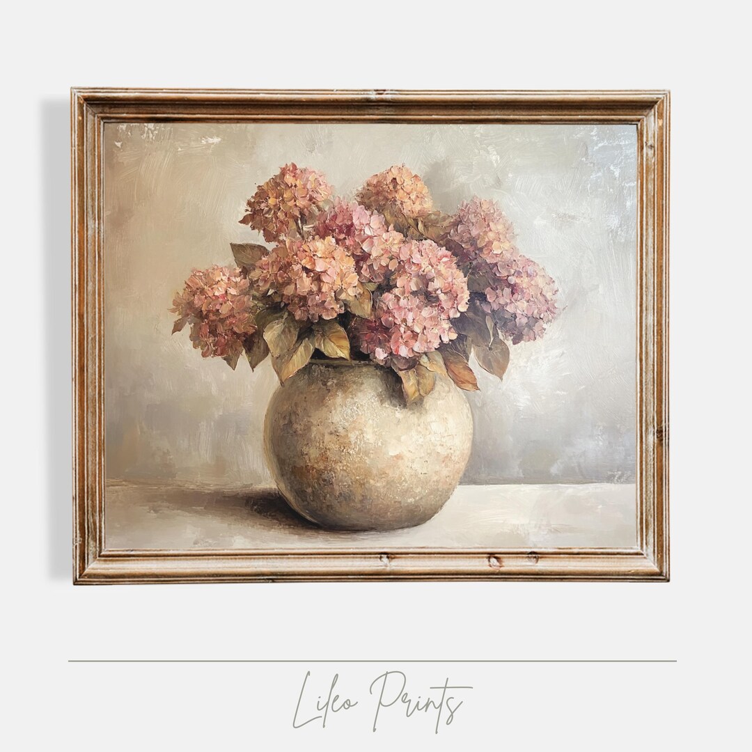 Dusty Pink Hydrangea Oil Painting Print, Rustic Cottagecore Decor ...