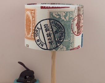 Airmail Lampshade, Vintage travel ephemera ceiling shade, neutral passport stamps, red and cream light pendant shade