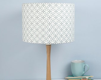 Meryam Lampshade, geometric moorish tiling pattern, grey design on a white background, made in Uk, free UK postage, ceiling light,