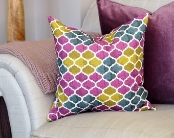 Catalina Cushion, Geometric pattern of green, purple and grey, Square or Rectangle shape available, feather inner included, made in the UK