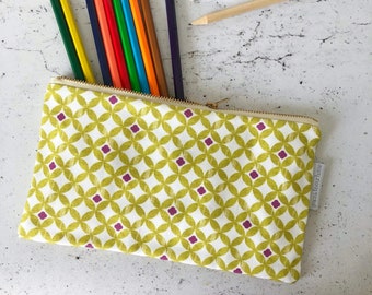 Green pattern pencil case, Paola Fabric with purple detail, waterproof lining, metal zip, made in the UK, chartreuse green design