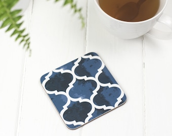 Isabel Coaster, Drinks coaster with blue and white geometric pattern