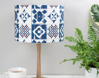 Tiling pattern lampshade, blue and orange lampshade, Marisol design, home decor, Modern pattern, ceiling light, pendant shade, Made in UK