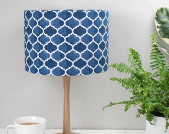 Indigo blue Lampshade, Isabel design fabric, geometric pattern, lighting, home decor, ceiling light, pendant, drum lampshade, contemporary