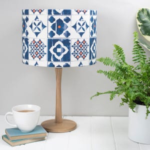 Tiling pattern lampshade, blue and orange lampshade, Marisol design, home decor, Modern pattern, ceiling light, pendant shade, Made in UK